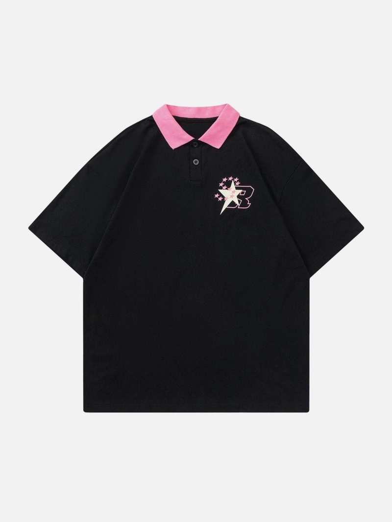 Abricot  T Shirts Aelfric Eden Star Letter Print Polo Collar Tee - ECS-9223530